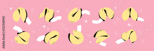 Set of fortune cookies with prediction paper. Traditional Chinese flowerless wisdom cookies. A fun lottery with a surprise in a crispy dessert. Vector illustration retro style 60s