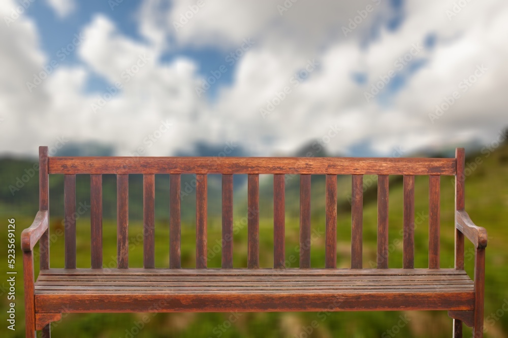 Empty wood bench on green grass in the city park during summer day. Public chair on the lawn in scenic meadow and garden. Empty wood bench on green grass in the city park during summer day. Public chair on the lawn in scenic meadow and garden.