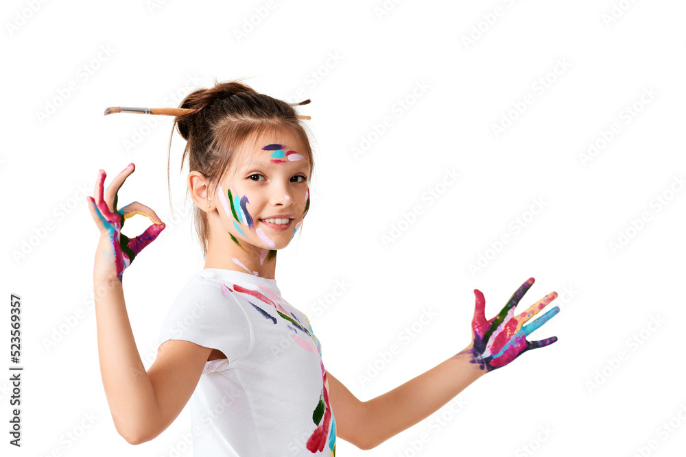 child girl with hands painted in colorful paint make heart shape child girl with hands painted in colorful paint make heart shape