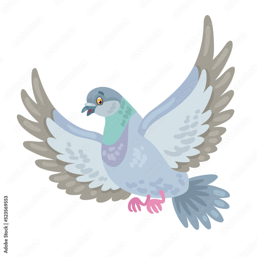 Gray dove is flying. In cartoon style. Isolated on white background. Vector flat illustration. Gray dove is flying. In cartoon style. Isolated on white background. Vector flat illustration.