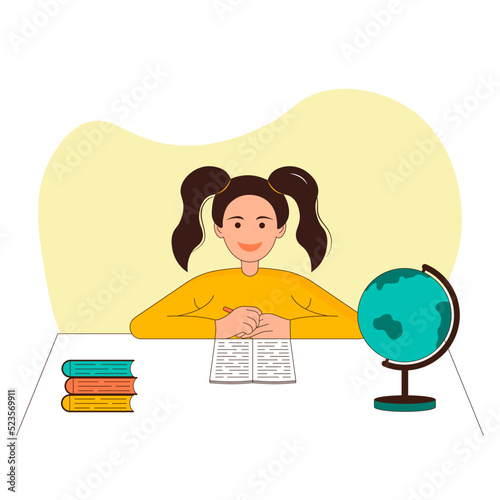 Schoolgirl with tails sitting at a table