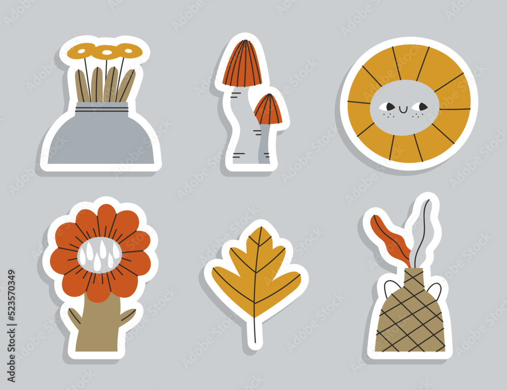 Set of vector minimalistic stickers with natural motifs. Mushrooms, Sun, Sunflower, Oak leaf, Vases.
