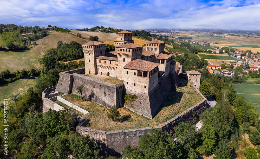 One of the most famous and beautiful medieval castles of Italy -  historic Torrechiara in Emilia Romagna, Aerial view