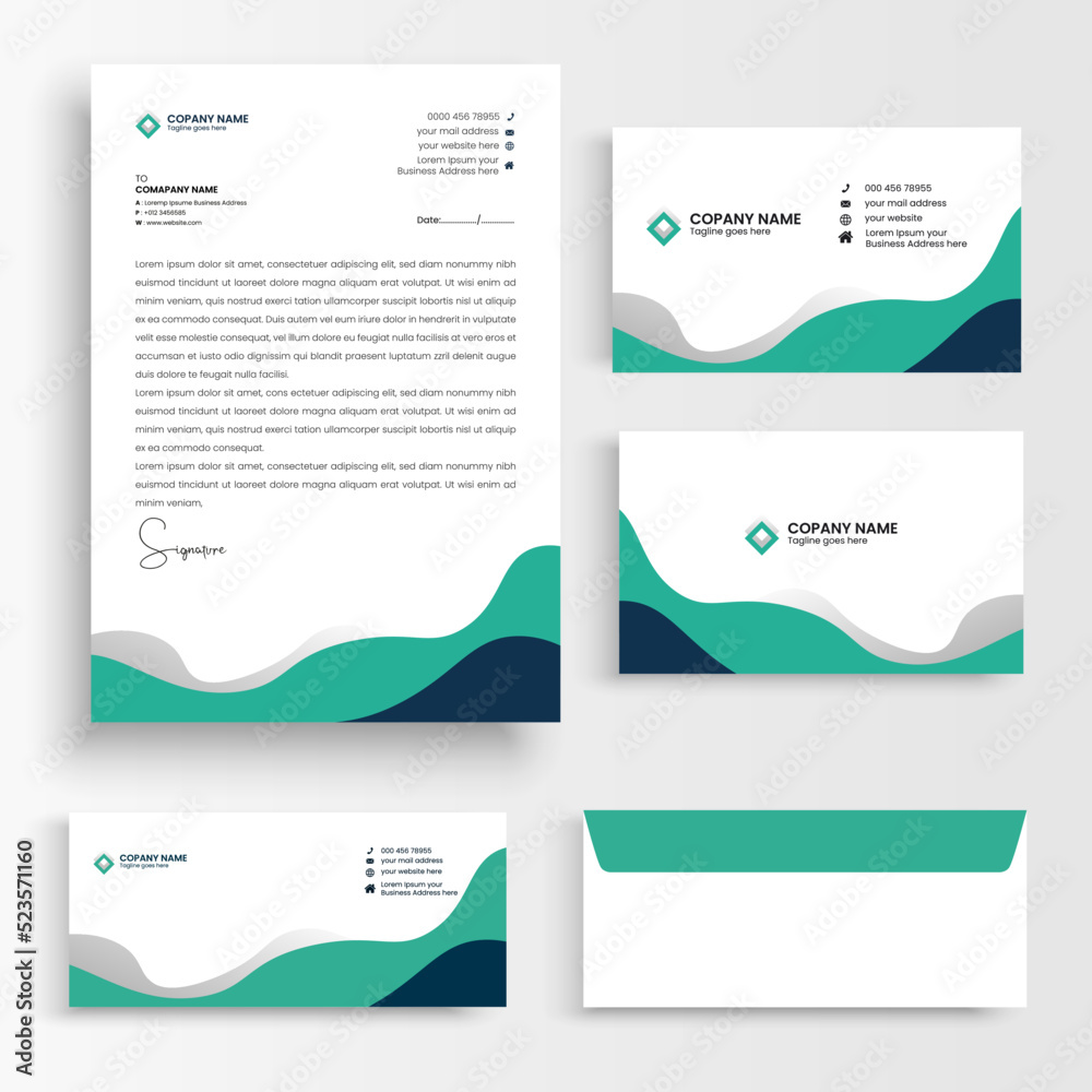 creative business letterhead, envelope, business card template