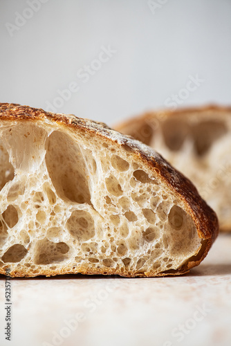 Slice of homemade sourdough bread. Close up.