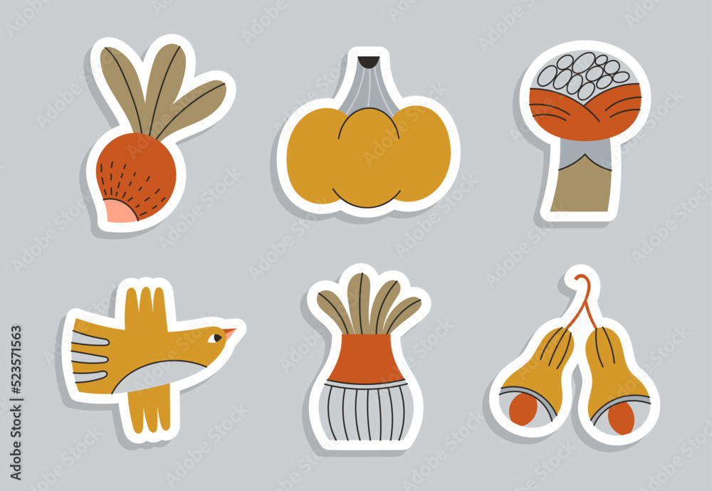 Set of vector minimalistic stickers with natural motifs Radish, pumpkin, flower, bird, plant in vase.
