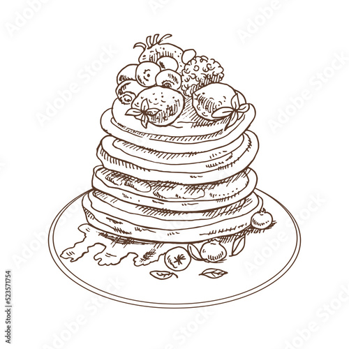 Vector vintage pancake drawing. Hand drawn monochrome food illustration. Sketch of Pancakes with berries and syrup. Great for poster, menu or label.
