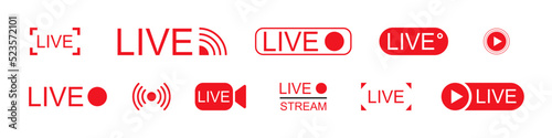 Live streaming icons. Red symbols and buttons of live streaming, broadcasting, online stream. Template for live events. Vector illustration.