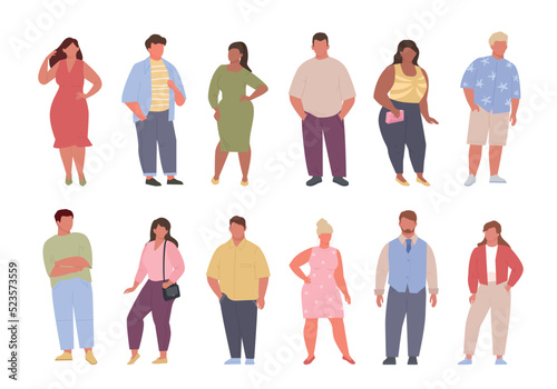 fat people. male and female body positive persons standing in various poses. Vector happy fat people