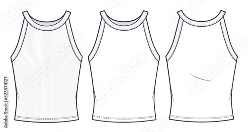 Straps Tank Top technical fashion illustration. Women's Tank Top technical drawing template, crew neckline, front, back view, white colour, ribbed, CAD mockup.