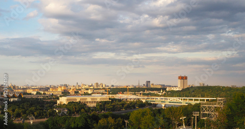 The view on Moscow from Sparrow hills (Vorobyovy Gory). Luzhniki Metro Bridge, Building of Russian Academy of Sciences, sports hall 