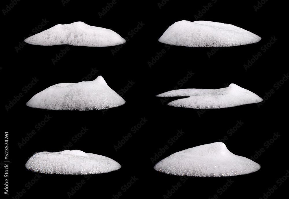 white foam from soap isolated on a black background - obrazy, fototapety, plakaty 