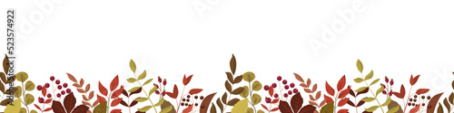 Autumn seasonal forest leaves and red berries. Horizontal seamless bottom border frame. Seasonal dry color leaves, red berries. Thanksgiving day, harvest holiday design. Isolated on white background.