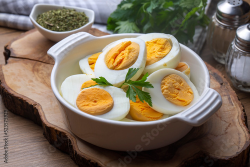 Boiled sliced egg, food photo