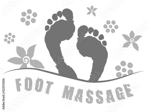 Foot massage concept in gray. Reflexology. Foot massage logo with traditional thai ornament for your web site design, app, UI.  White background. EPS10.
