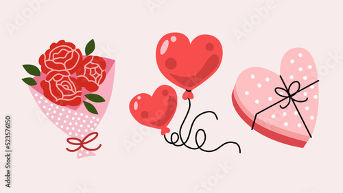 Diseño vectorial de iconos con concepto de amor y amistad, ramos de rosas, globos en forma de corazón, chocolates en forma de corazón.
