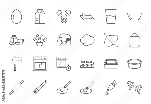 Baking line icon set. Bakery icons - mixer, glass, preheat oven, form, butter, egg, milk, rolling pin, whisk, confectionery bag, stove. Simple outline sign of cooking recipe. Editable Stroke photo