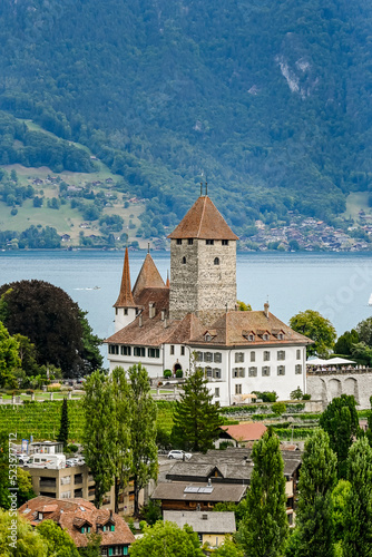 Spiez, Schloss Spiez, Schlosskirche, Stadt, Seeufer, Boote, Hafen, Thunersee, Schifffahrt, Seerundfahrt, Weinberge, Aussichtspunkt, Sommer, Schweiz