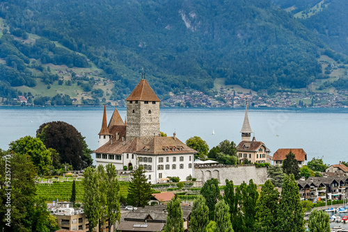 Spiez, Schloss Spiez, Schlosskirche, Stadt, Seeufer, Boote, Hafen, Thunersee, Schifffahrt, Seerundfahrt, Weinberge, Aussichtspunkt, Sommer, Schweiz