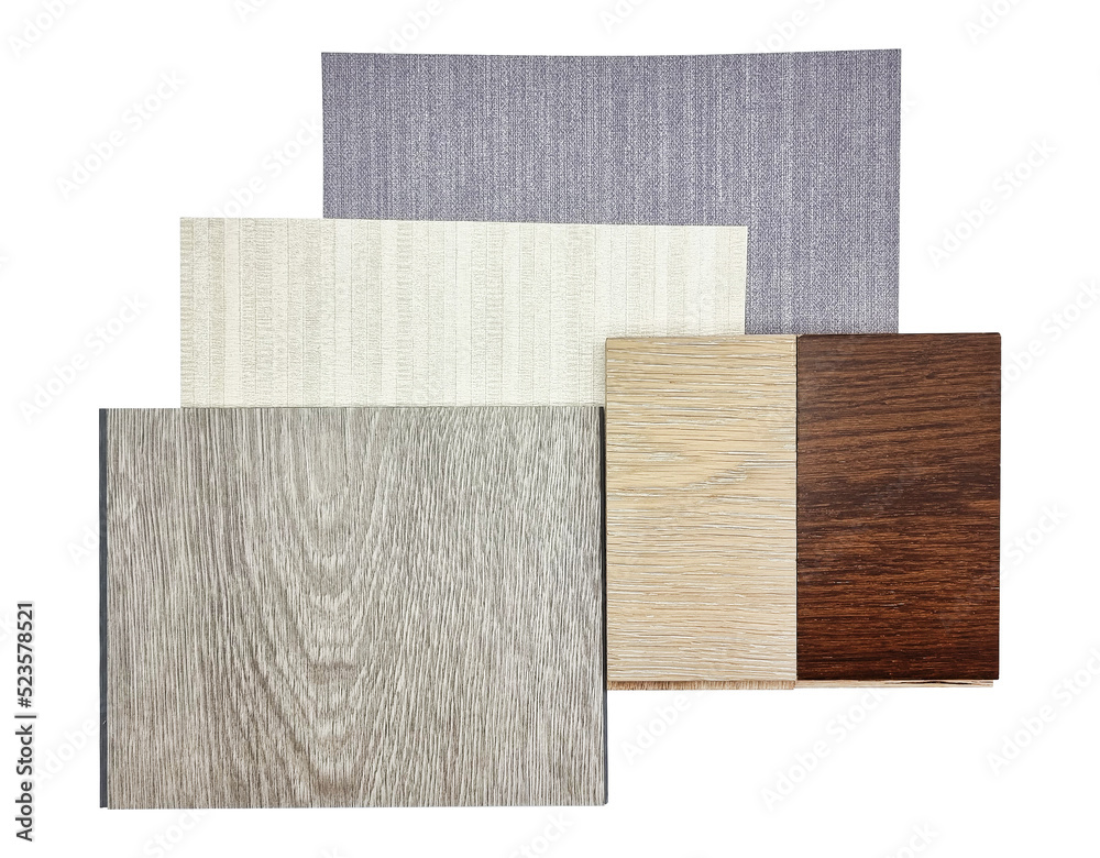 interior material samples including ash vinyl flooring, oak ash and italian walnut engineered flooring, beige and grey fabric interior wallpaper isolated on background with clipping path.