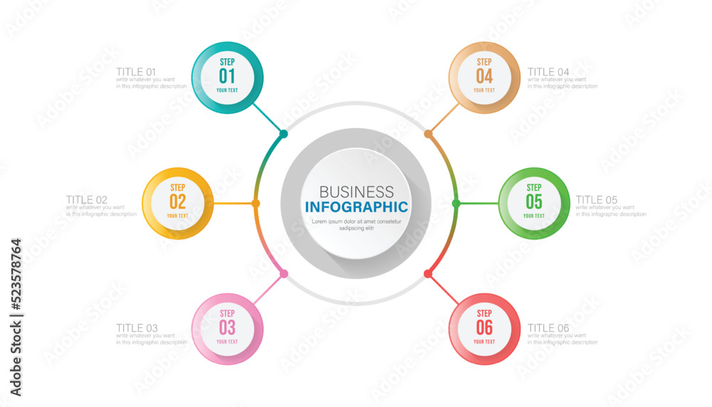 Business infographic circle shape six option, process or step for presentation. Can be used for presentations, workflow layout, banners and web design. Business concept with 6 options, steps, parts. Business infographic circle shape six option, process or step for presentation. Can be used for presentations, workflow layout, banners and web design. Business concept with 6 options, steps, parts.
