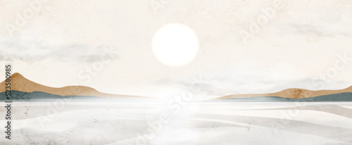 Abstract art background with mountains and hills on the sea or lake in earth colors. Landscape banner in watercolor style for decoration, print, wallpaper, packaging, decor.
