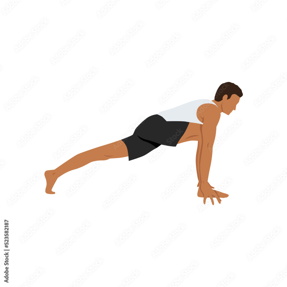 Man doing high lunge pose alanasana exercise. Flat vector illustration isolated on white background Man doing high lunge pose alanasana exercise. Flat vector illustration isolated on white background