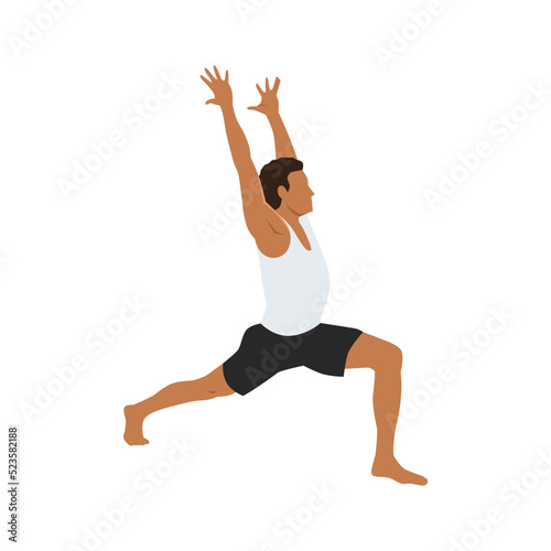 Man doing Crescent Lunge pose or Anjaneyasana exercise. Flat vector illustration isolated on white background