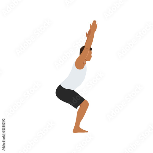Man doing Chair pose exercise. Flat vector illustration isolated on white background
