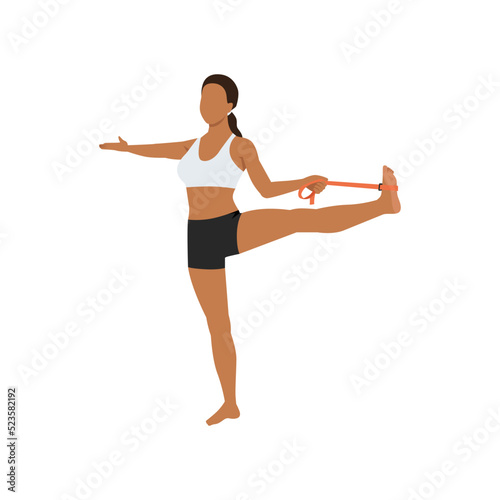 Woman doing extended hand to big toe with elastic band pose utthita hasta padangusthasana exercise. Flat vector illustration isolated on white background