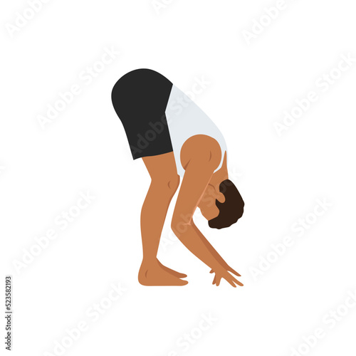 Man doing standing forward bend pose uttanasana exercise. Flat vector illustration isolated on white background