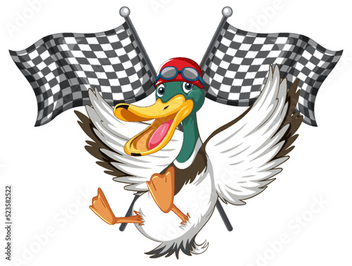 Cartoon duck holding race flag