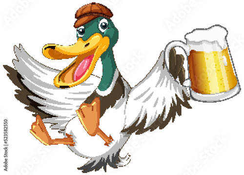 Cute duck cartoon character holding a mug of beer