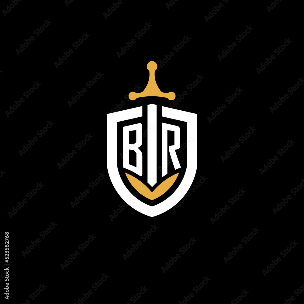 Creative letter BR logo gaming esport with shield and sword design ideas - obrazy, fototapety, plakaty 