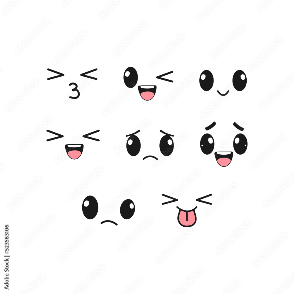 Kawaii cute faces. Kawaii emotions, cute characters icons design