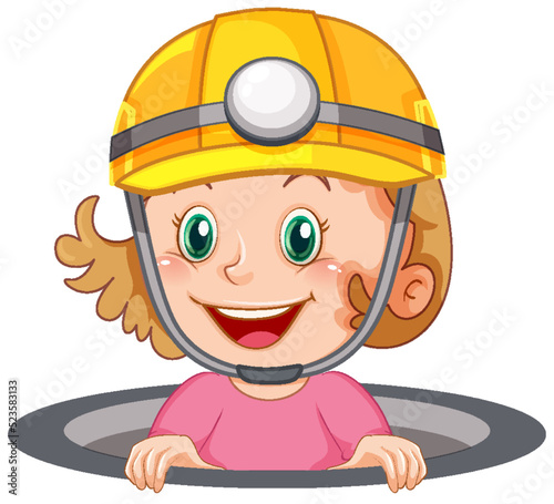 Girl wearing safety hat in the hole