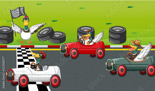Soap box derby race with ducks cartoon character