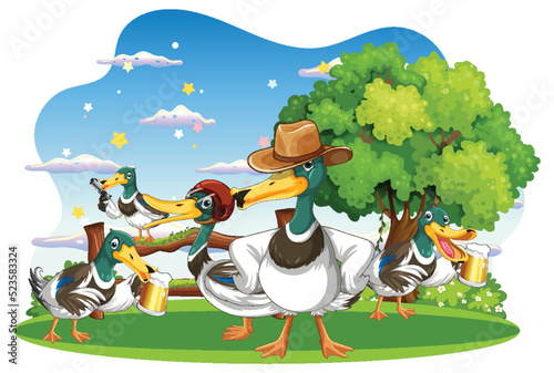 Happy duck group in nature scene