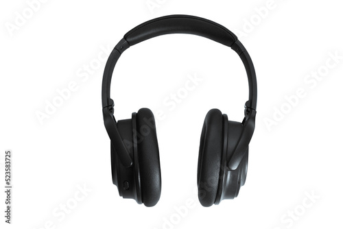 Computer headphones. Black headphones on a white background. The concept of listening to music, creating audio, music. Computer work, abstraction and minimalist style.