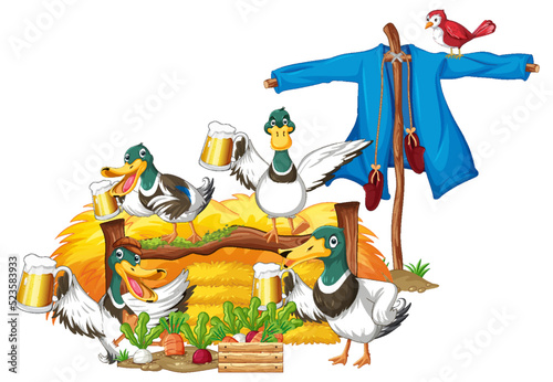 Cartoon duck group in farm