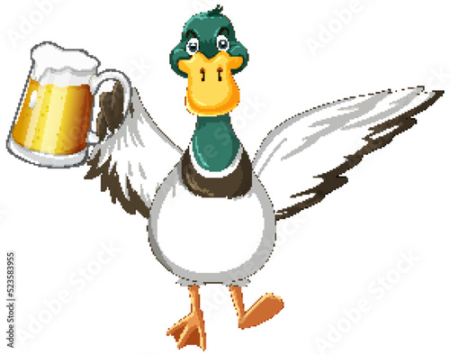 Cute duck cartoon character holding a mug of beer