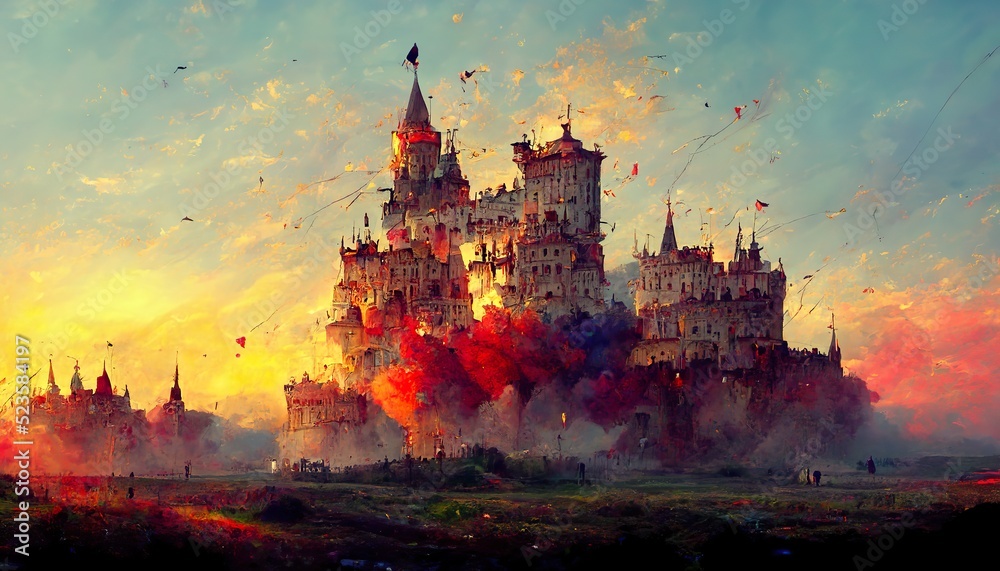 Celebrating castle sunset concept art illustration