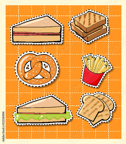 Mixed food cartoon sticker on grid background