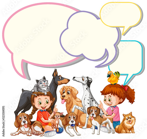 Speech bubble template with girls and pets