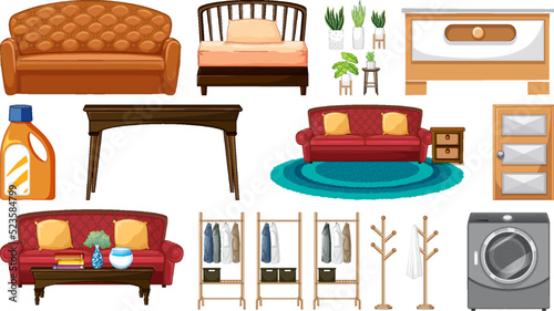 Furniture and household appliances on white background