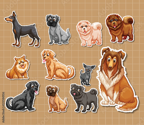 Sticker set of different dogs cartoon