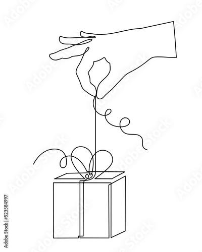 Hand holding gift, one-line art, hand drawn continuous contour. Doodle, sketch style, minimalism. Opening of holiday present, festive surprise, souvenir. Editable stroke. Isolated. Vector illustration