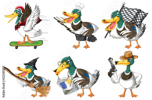 Set of different ducks cartoon character