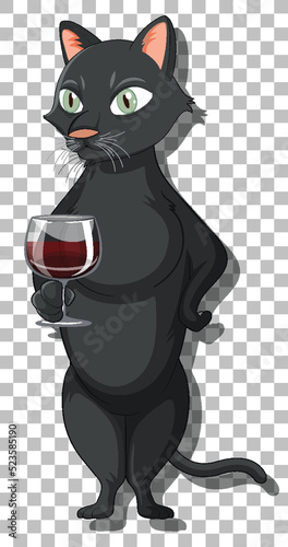 Black cat standing holding wine glass cartoon character
