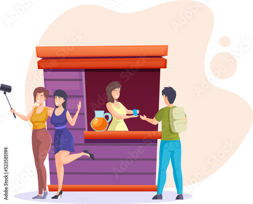 Woman selling homemade lemonade at street market kiosk. Customers buying fresh beverage from girl in stall. Two happy girls taking selfie in front of counter. Summer street festival flat vector